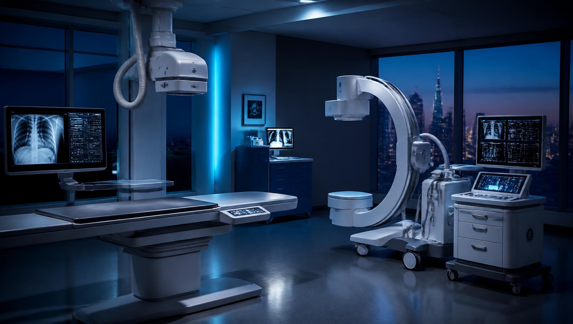 Hospital radiology suite with a digital X-ray system and mobile C-arm
